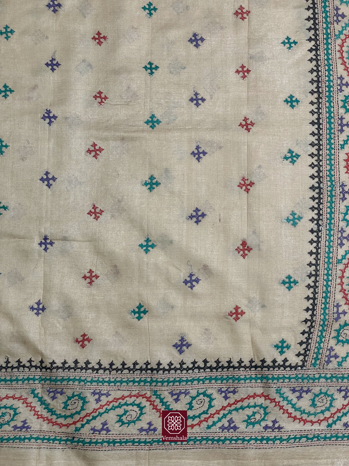 Natural / Multi Color Tussar Silk Sindhi Hand Embroidered Saree - Vemshala