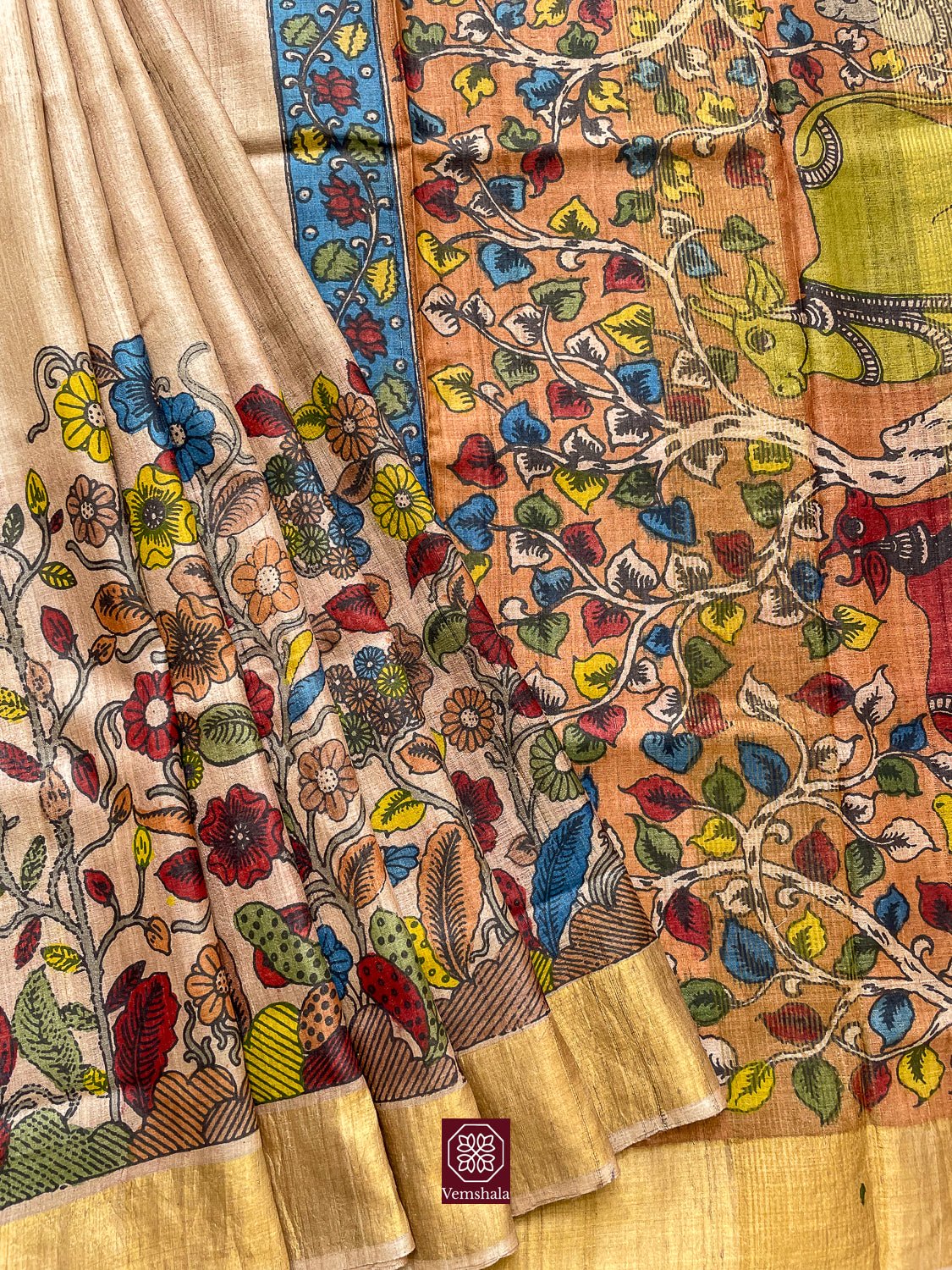 Natural / Multi Floral / Gold Pen Kalamkari Tussar Silk Saree - Vemshala