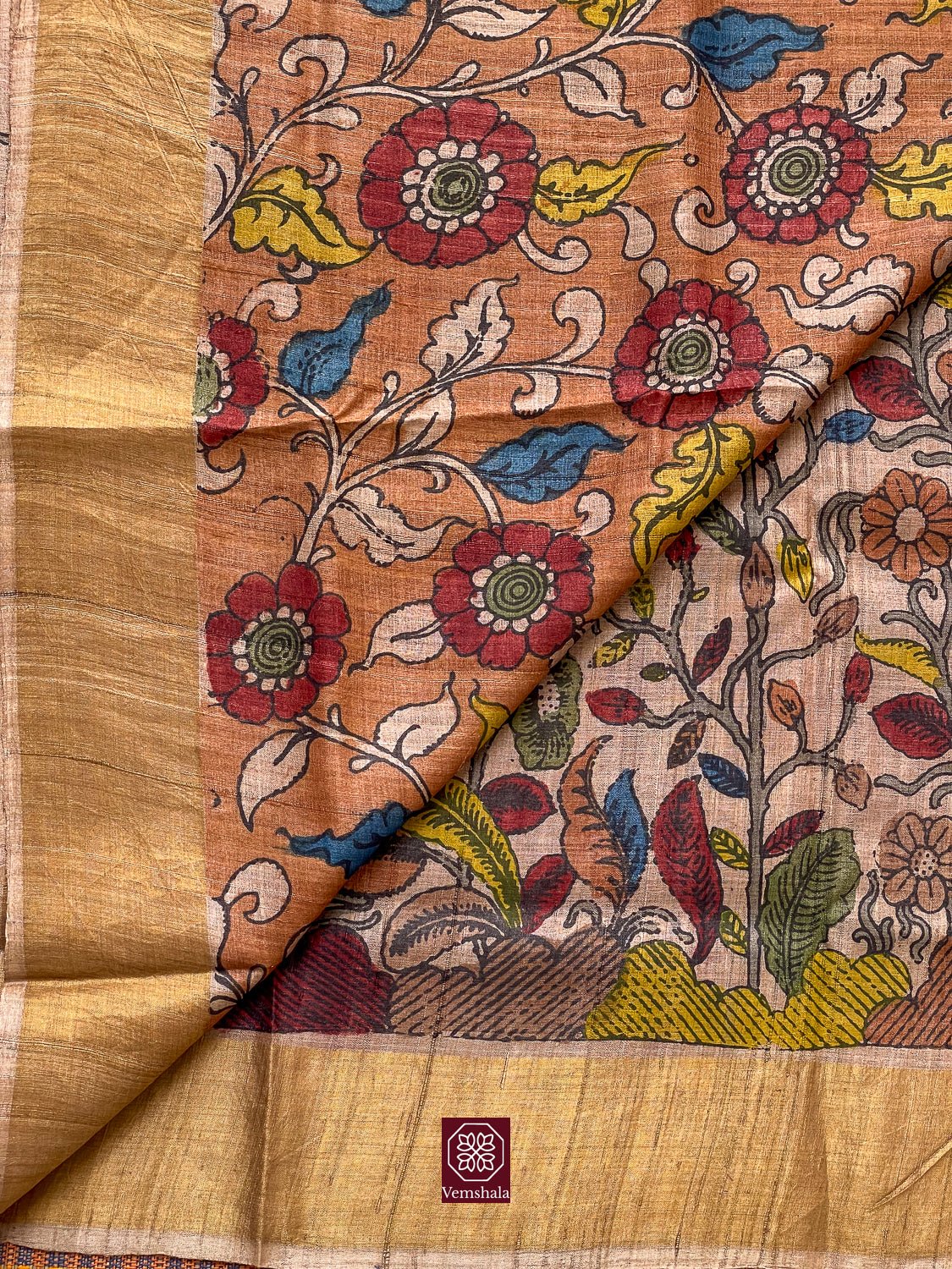 Natural / Multi Floral / Gold Pen Kalamkari Tussar Silk Saree - Vemshala