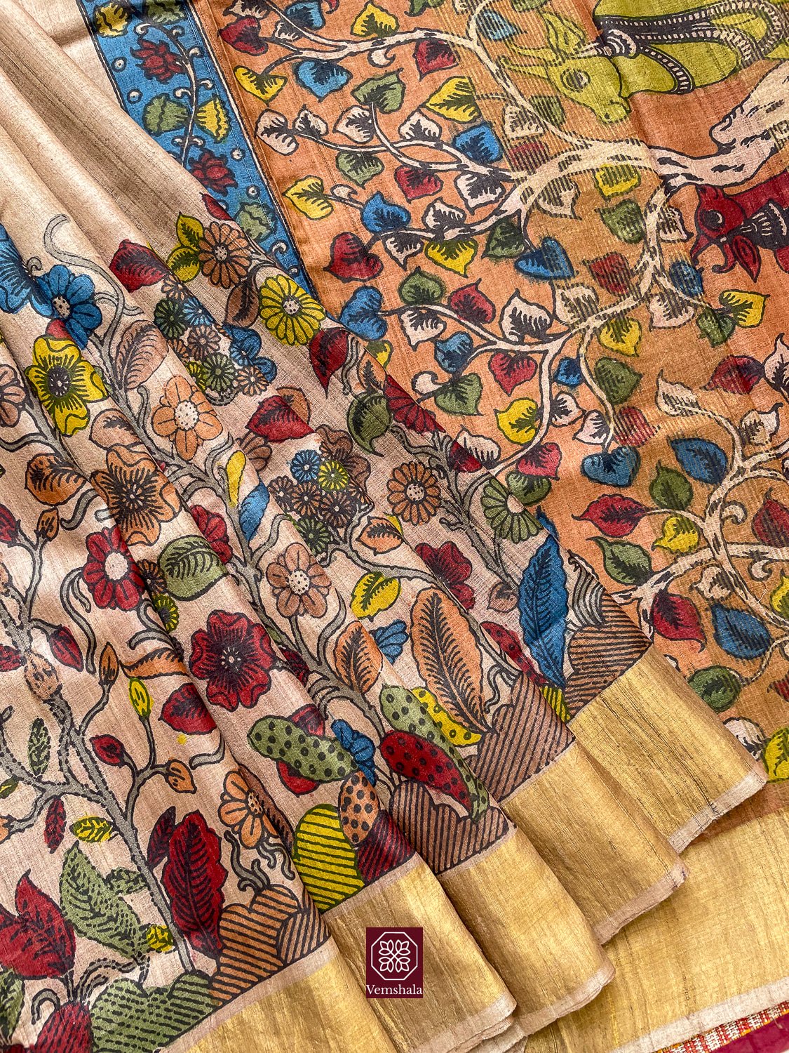 Natural / Multi Floral / Gold Pen Kalamkari Tussar Silk Saree - Vemshala