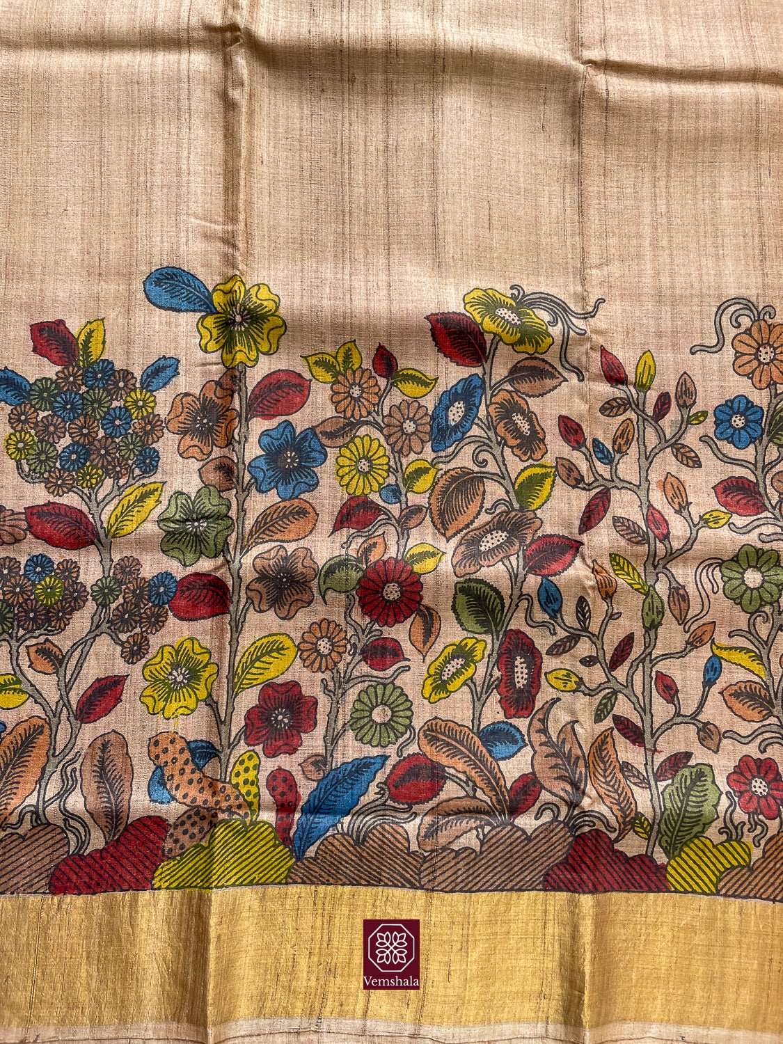 Natural / Multi Floral / Gold Pen Kalamkari Tussar Silk Saree - Vemshala