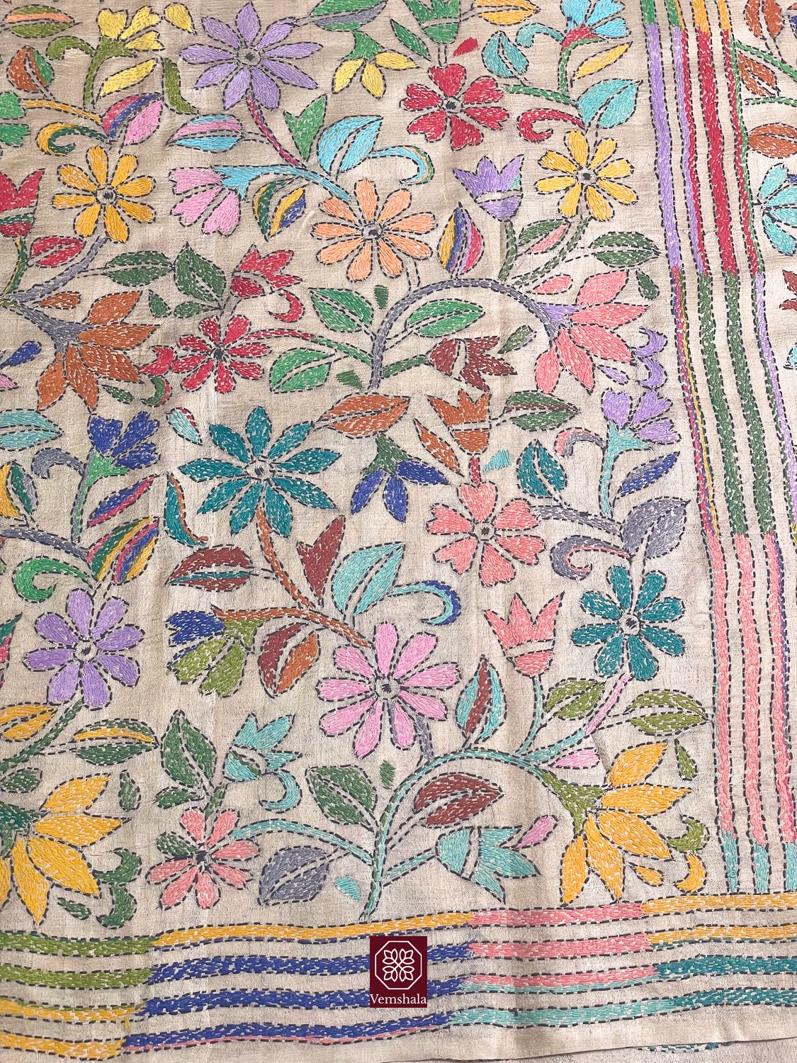 Natural / Multi Floral Tussar Silk Kantha Hand Embroidered Saree - Vemshala