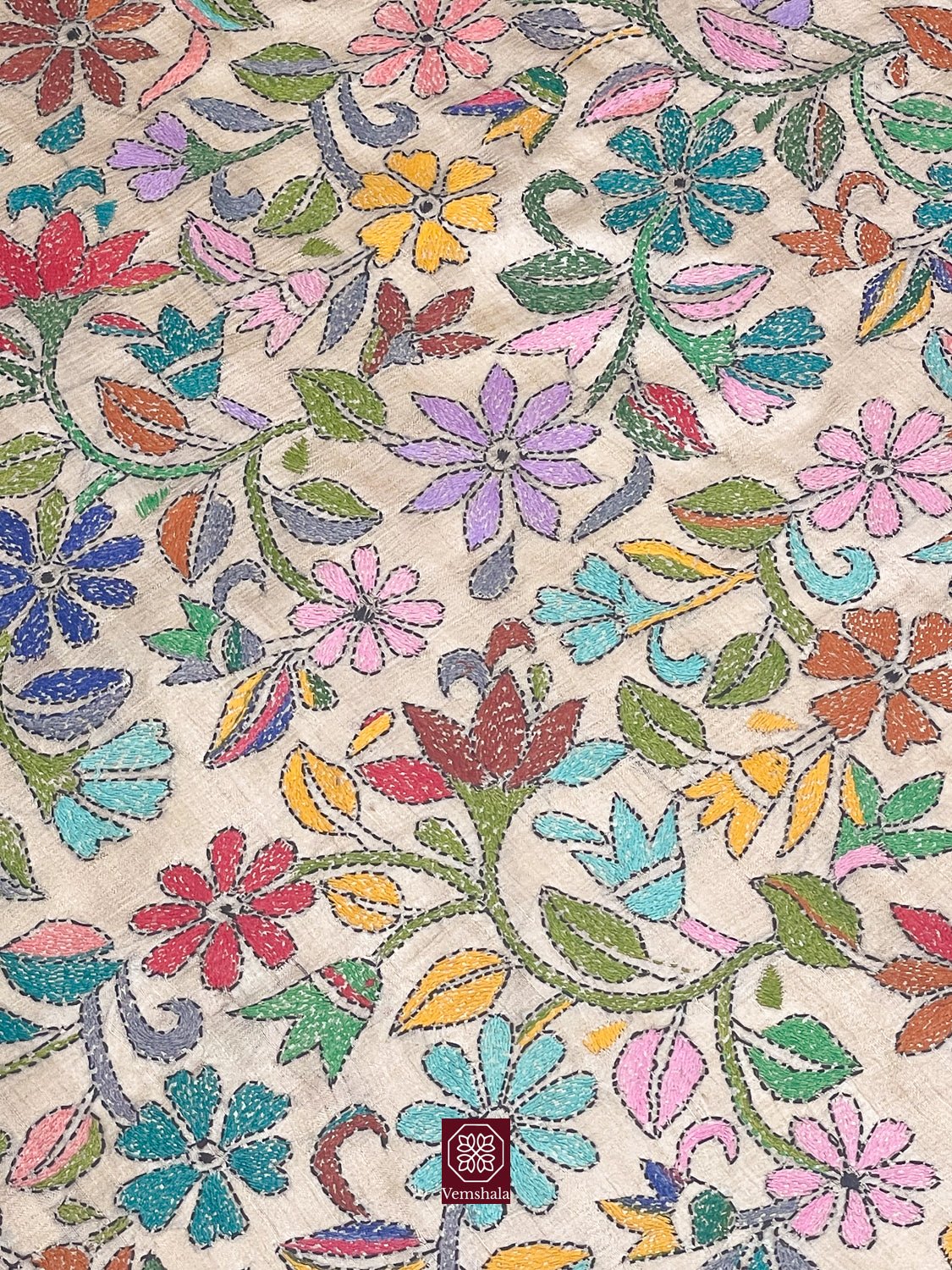 Natural / Multi Floral Tussar Silk Kantha Hand Embroidered Saree - Vemshala