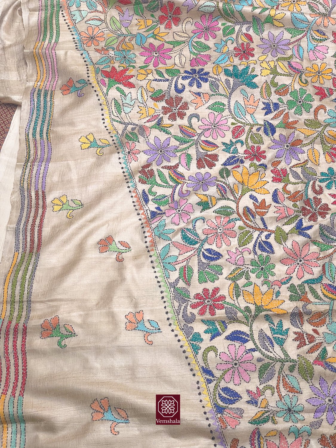 Natural / Multi Floral Tussar Silk Kantha Hand Embroidered Saree - Vemshala
