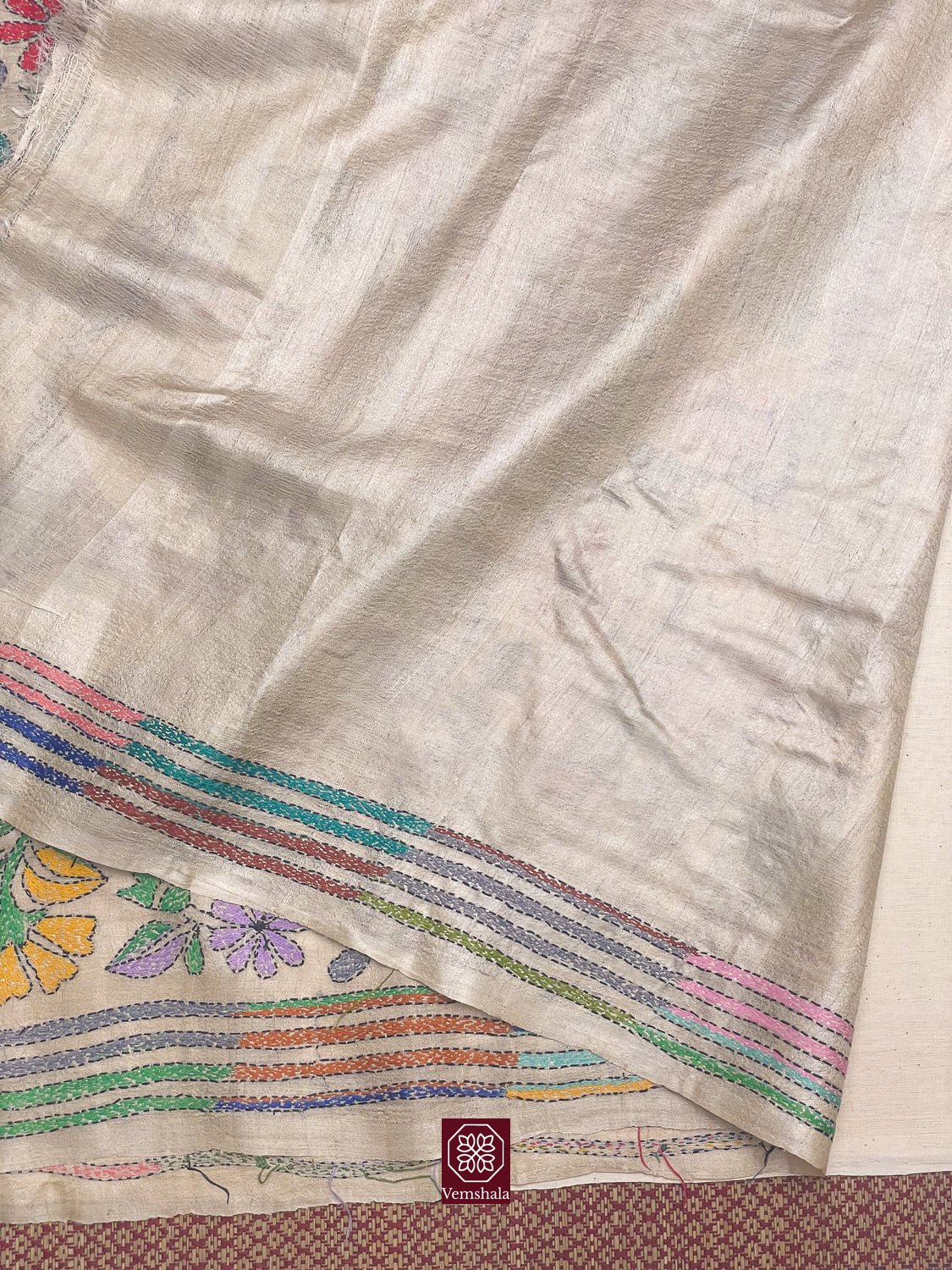 Natural / Multi Floral Tussar Silk Kantha Hand Embroidered Saree - Vemshala