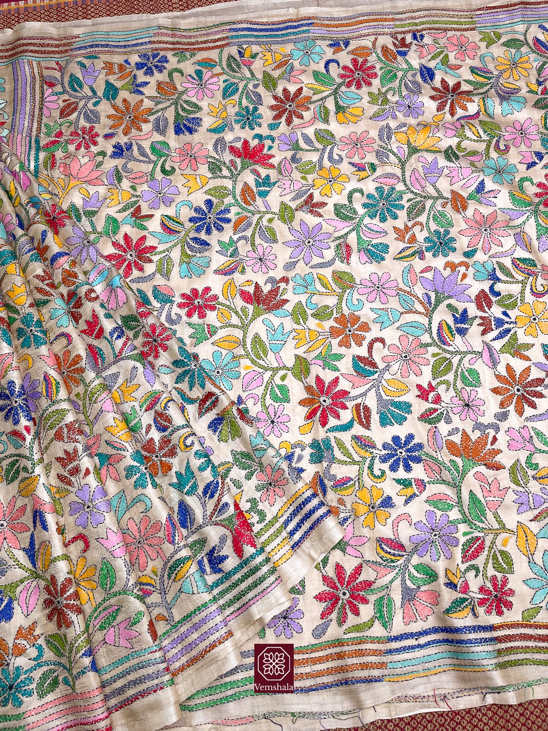 Natural / Multi Floral Tussar Silk Kantha Hand Embroidered Saree - Vemshala