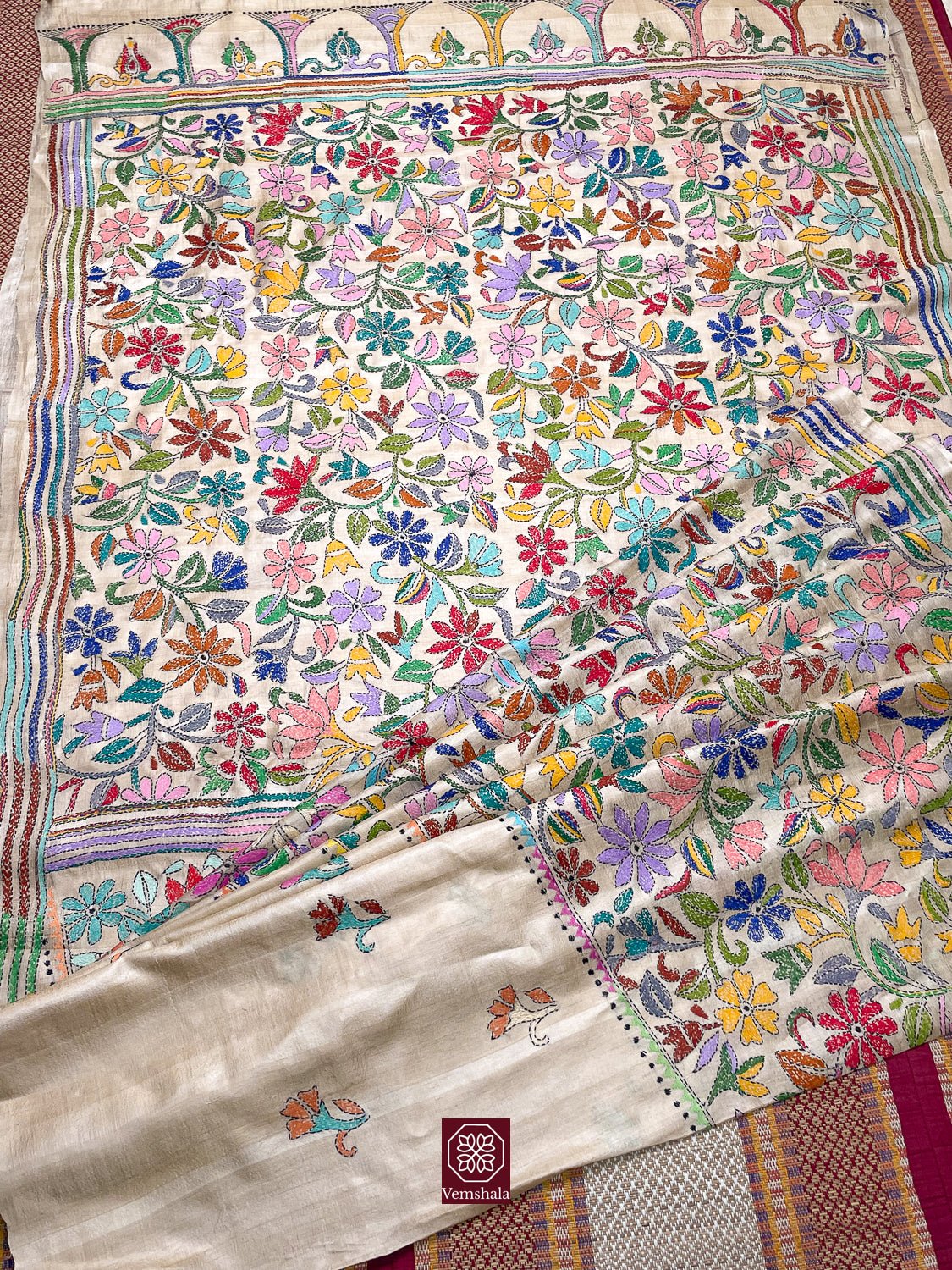 Natural / Multi Floral Tussar Silk Kantha Hand Embroidered Saree - Vemshala