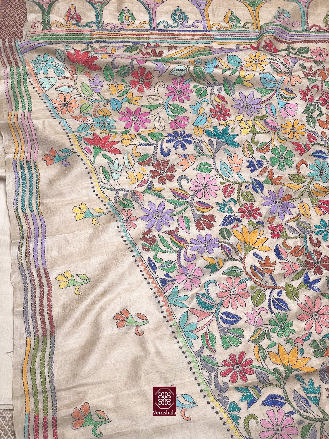 Natural / Multi Floral Tussar Silk Kantha Hand Embroidered Saree - Vemshala