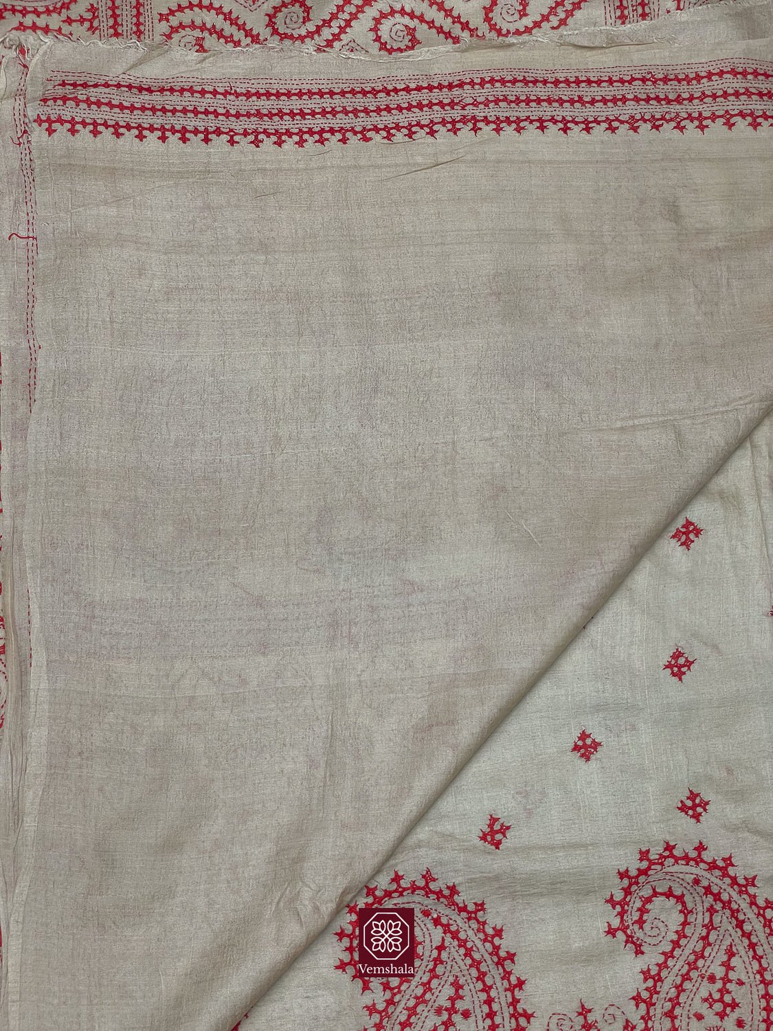 Natural / Red Color Tussar Silk Sindhi Hand Embroidered Saree - Vemshala