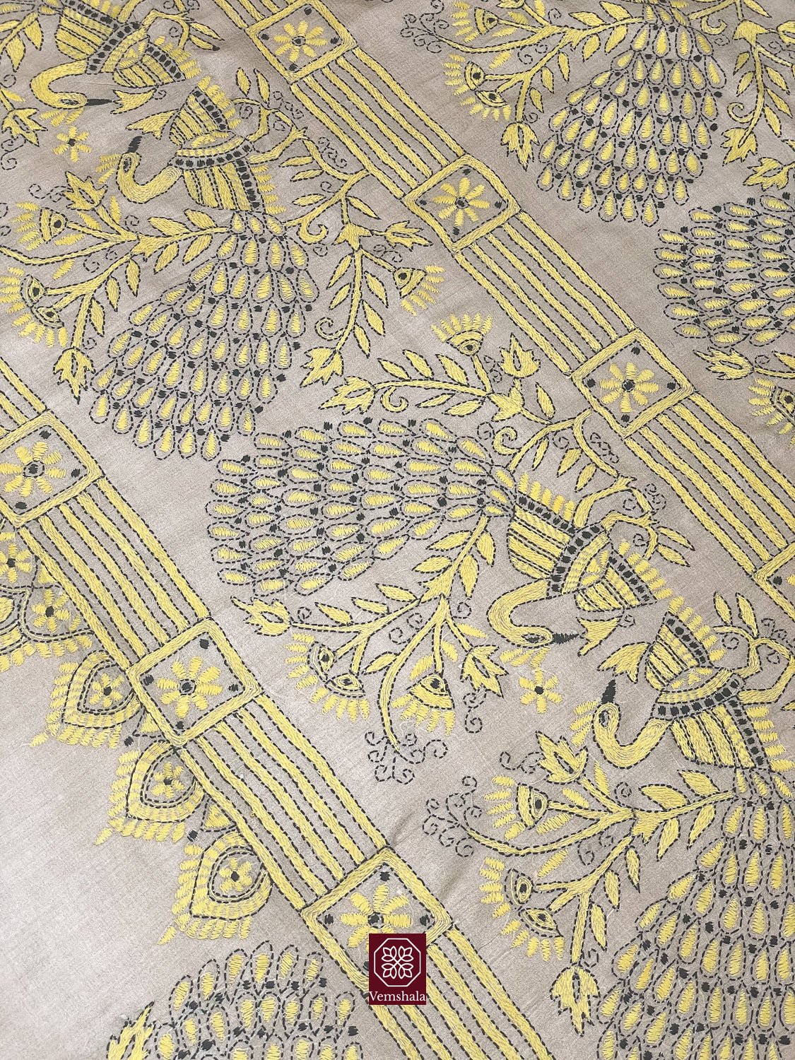 Natural / Yellow Tussar Silk Kantha Hand Embroidered Saree - Vemshala