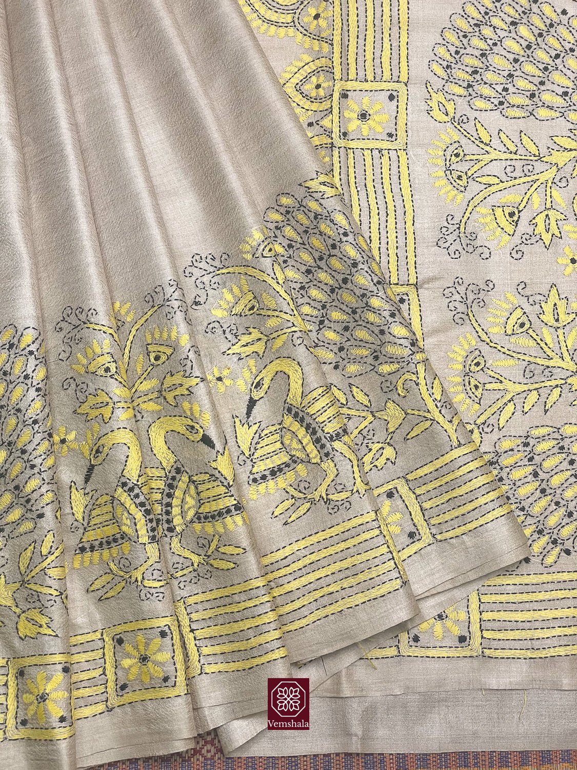 Natural / Yellow Tussar Silk Kantha Hand Embroidered Saree - Vemshala