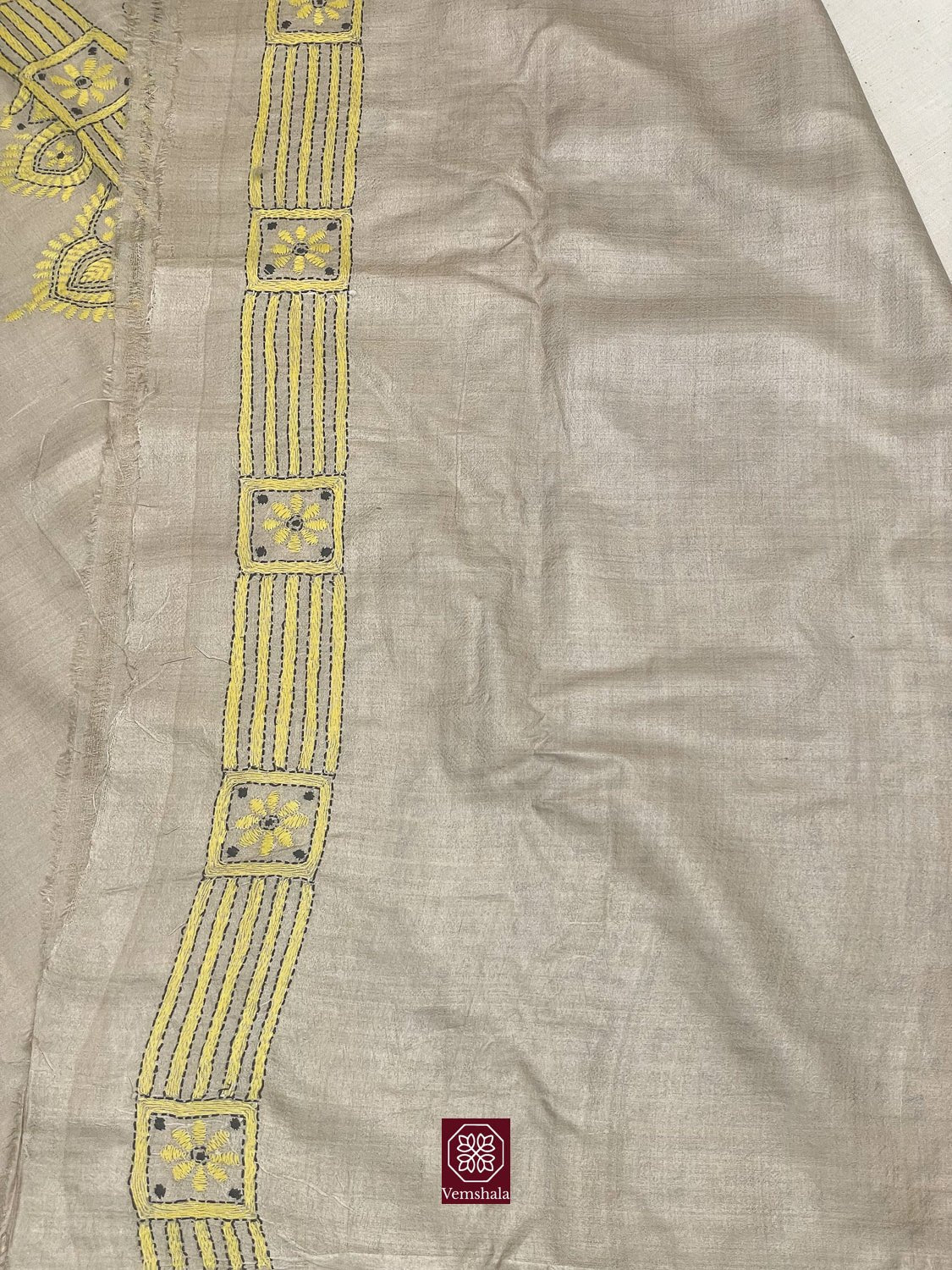 Natural / Yellow Tussar Silk Kantha Hand Embroidered Saree - Vemshala