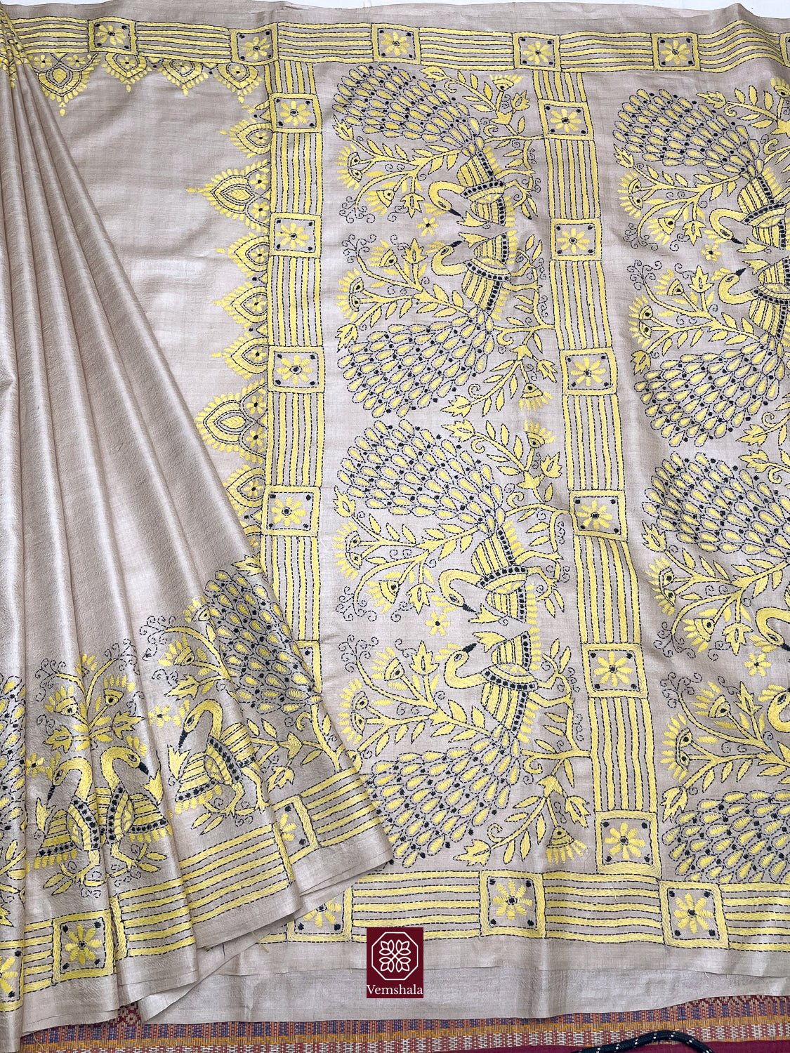 Natural / Yellow Tussar Silk Kantha Hand Embroidered Saree - Vemshala