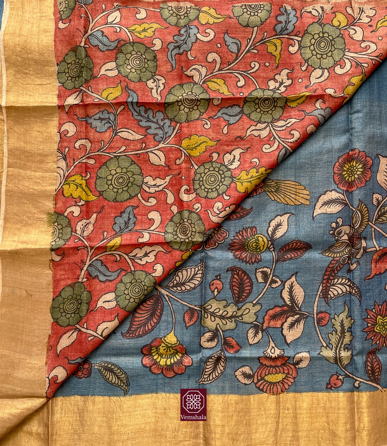 Ombre Blue / Red / Multi Floral / Gold Pen Kalamkari Tussar Silk Saree - Vemshala