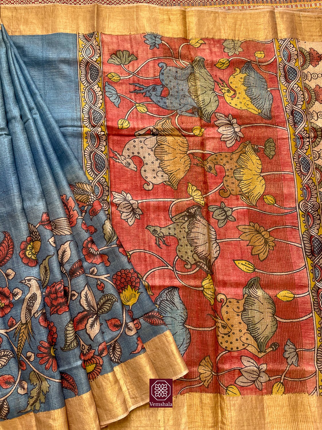 Ombre Blue / Red / Multi Floral / Gold Pen Kalamkari Tussar Silk Saree - Vemshala