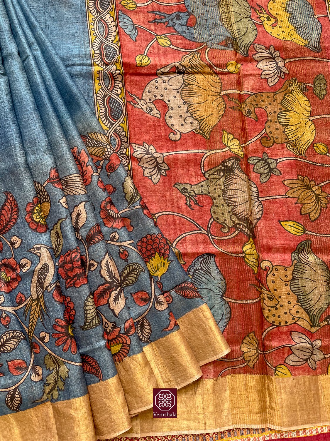 Ombre Blue / Red / Multi Floral / Gold Pen Kalamkari Tussar Silk Saree - Vemshala