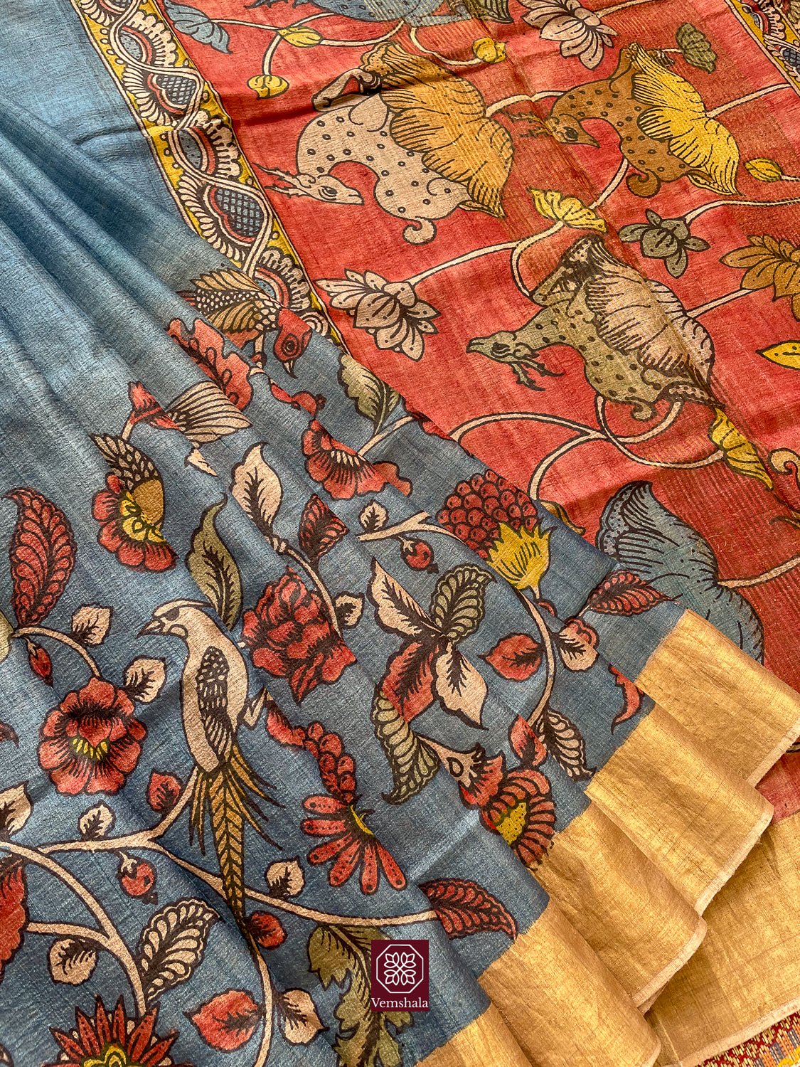 Ombre Blue / Red / Multi Floral / Gold Pen Kalamkari Tussar Silk Saree - Vemshala