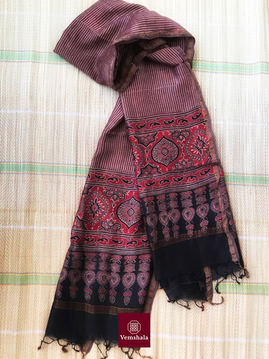 Onion Pink/ Red Chanderi Silk Ajrakh Dupatta - Vemshala
