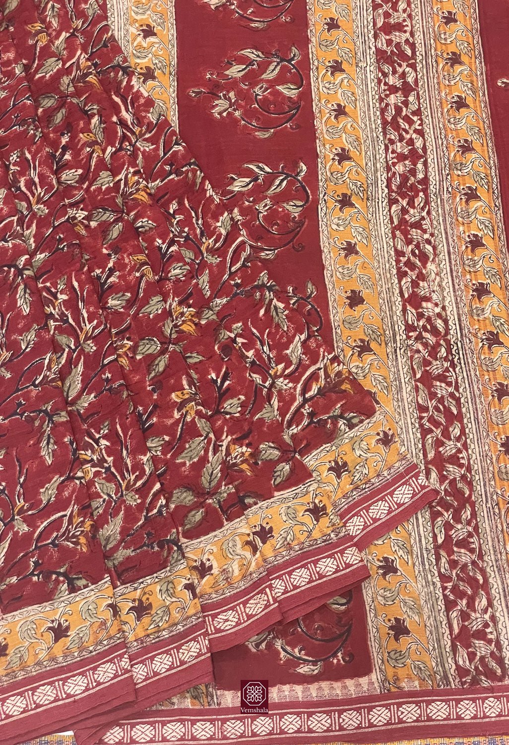 Pedna Kalamkari Handblock Ponduru Cotton Saree - Vemshala