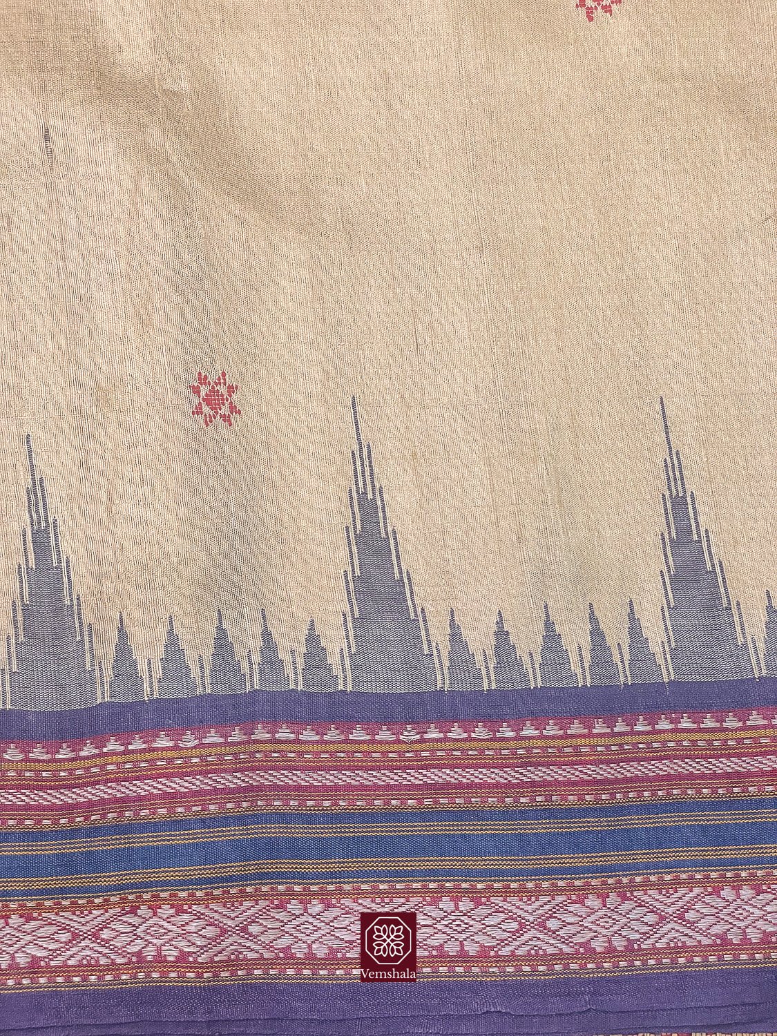 Red / Blue Jala Karvati Kinar Tussar Silk Saree - Vemshala