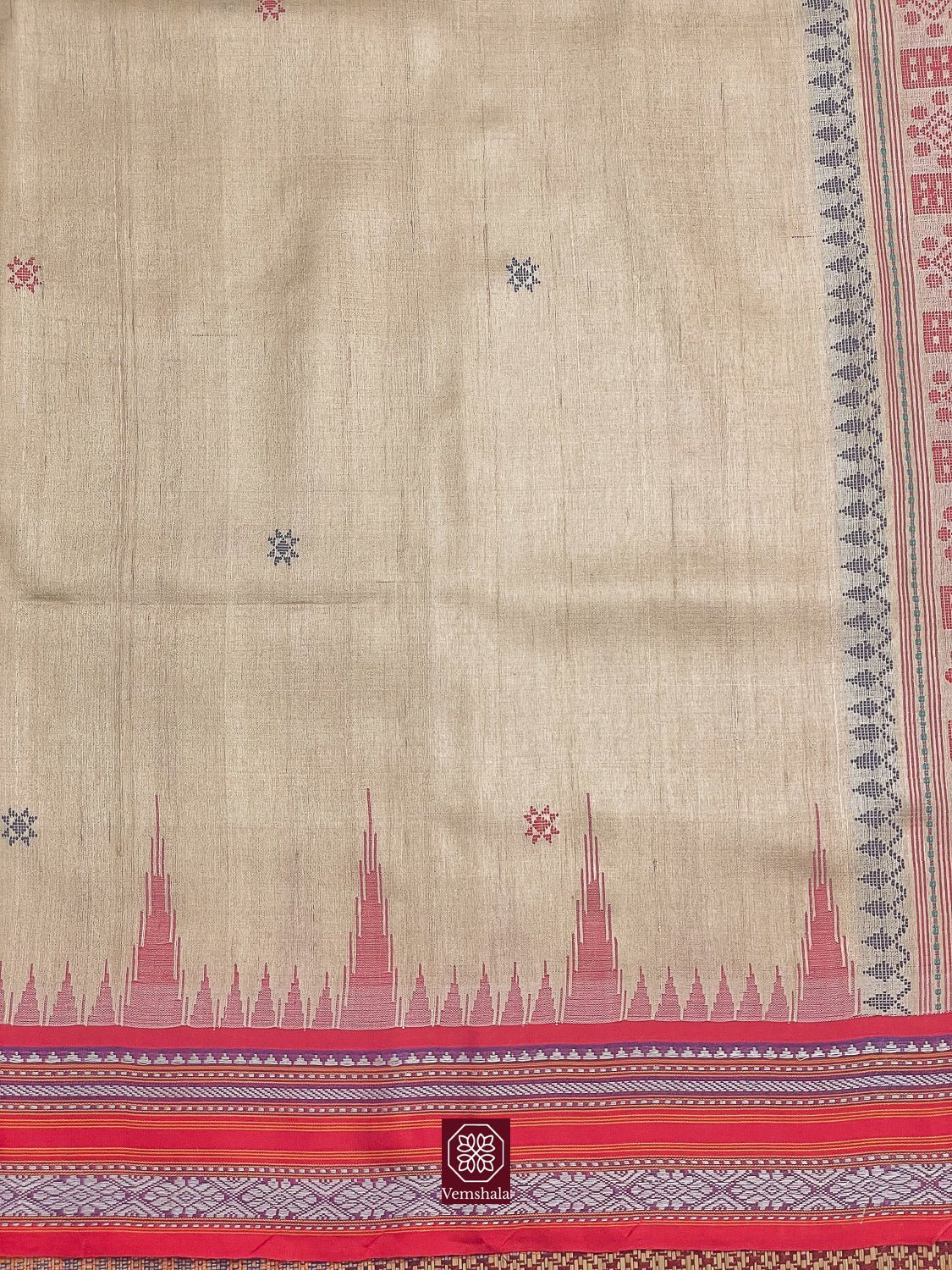 Red / Blue Jala Karvati Kinar Tussar Silk Saree - Vemshala