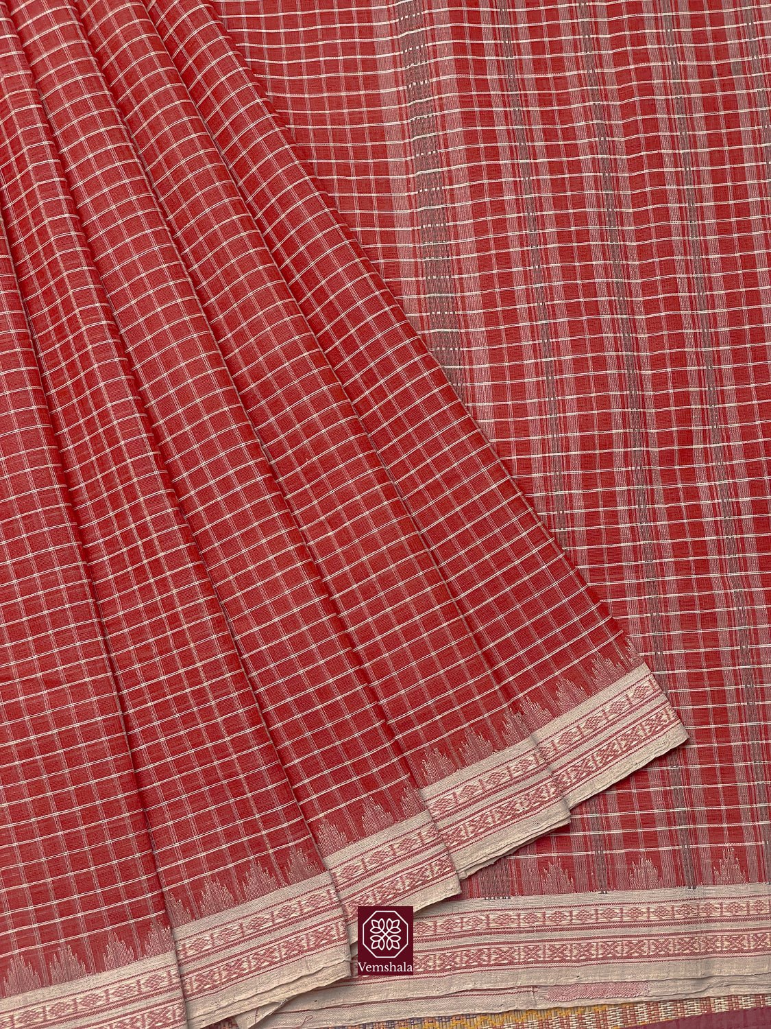 Red Checks Ponduru Cotton Saree - Vemshala