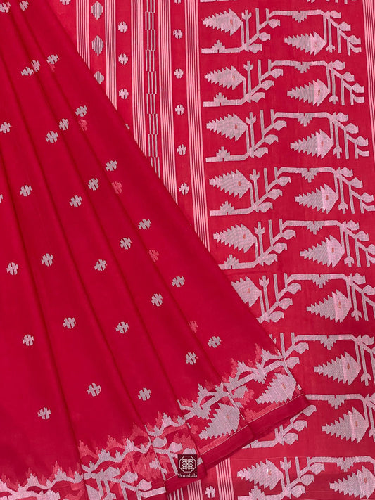 Red / Ecru Cotton Jamdaani Saree - Vemshala