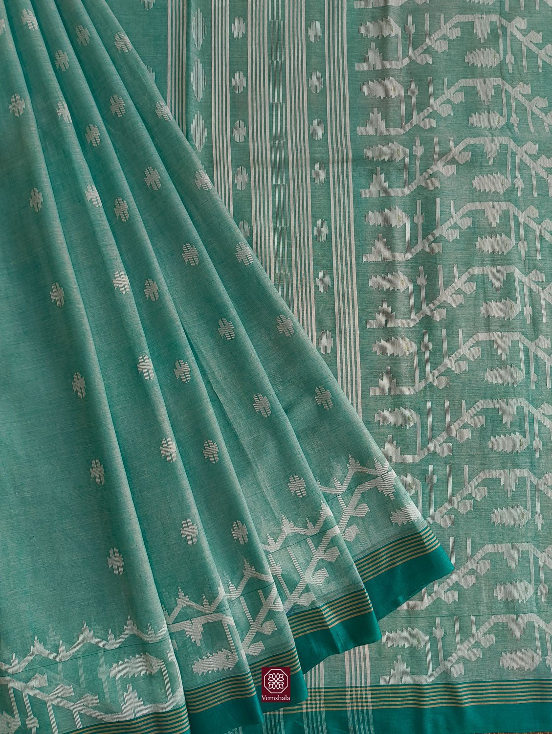 Sea Green Cotton Jamdaani Saree - Vemshala