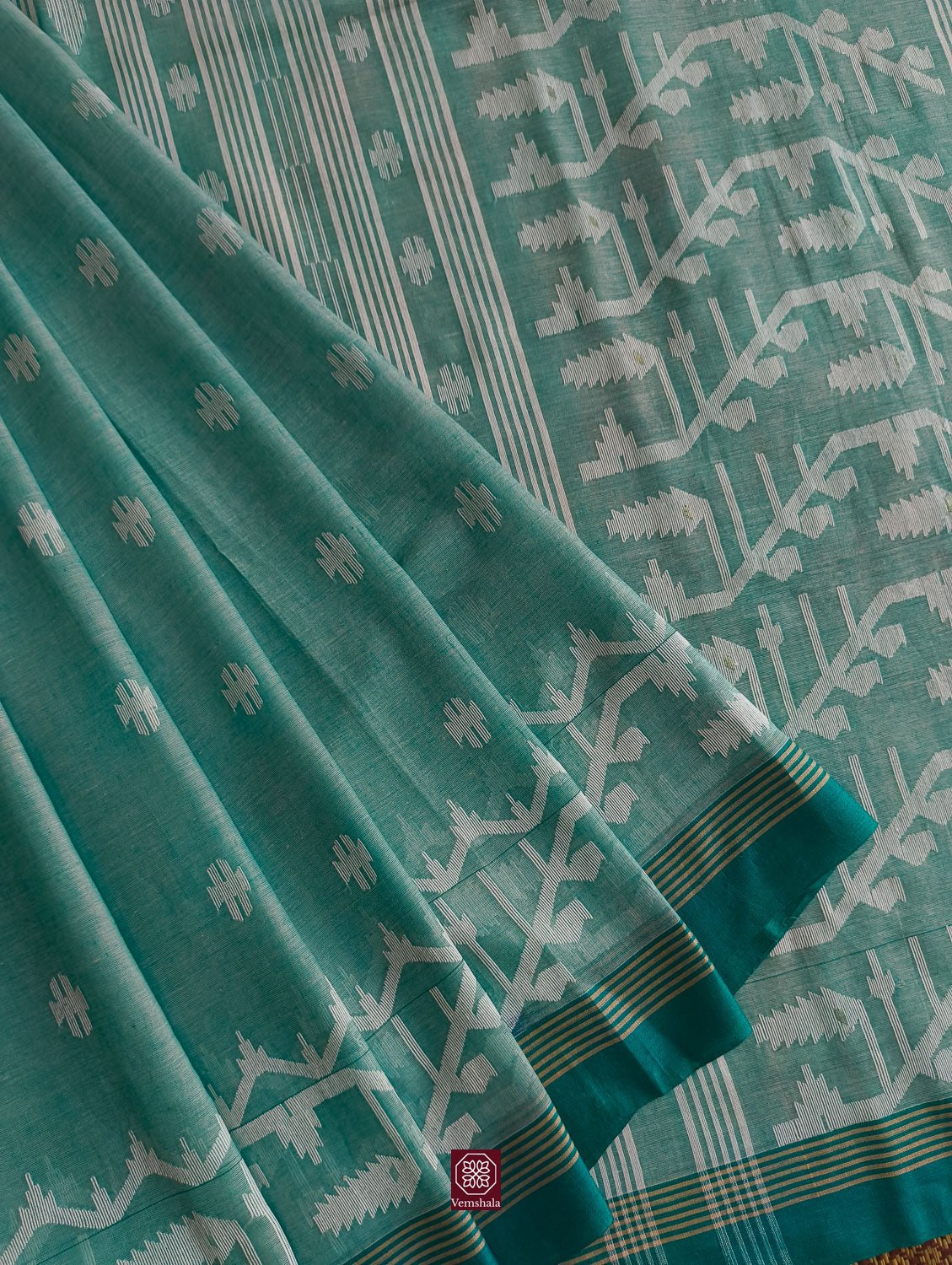 Sea Green Cotton Jamdaani Saree - Vemshala