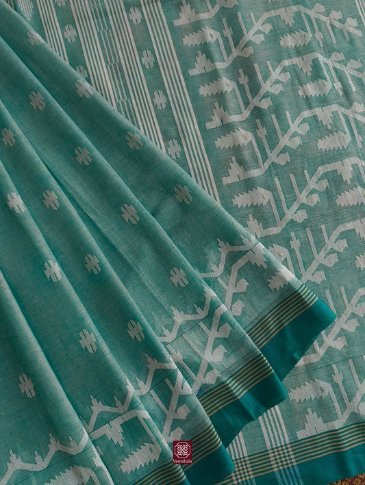 Sea Green Cotton Jamdaani Saree - Vemshala