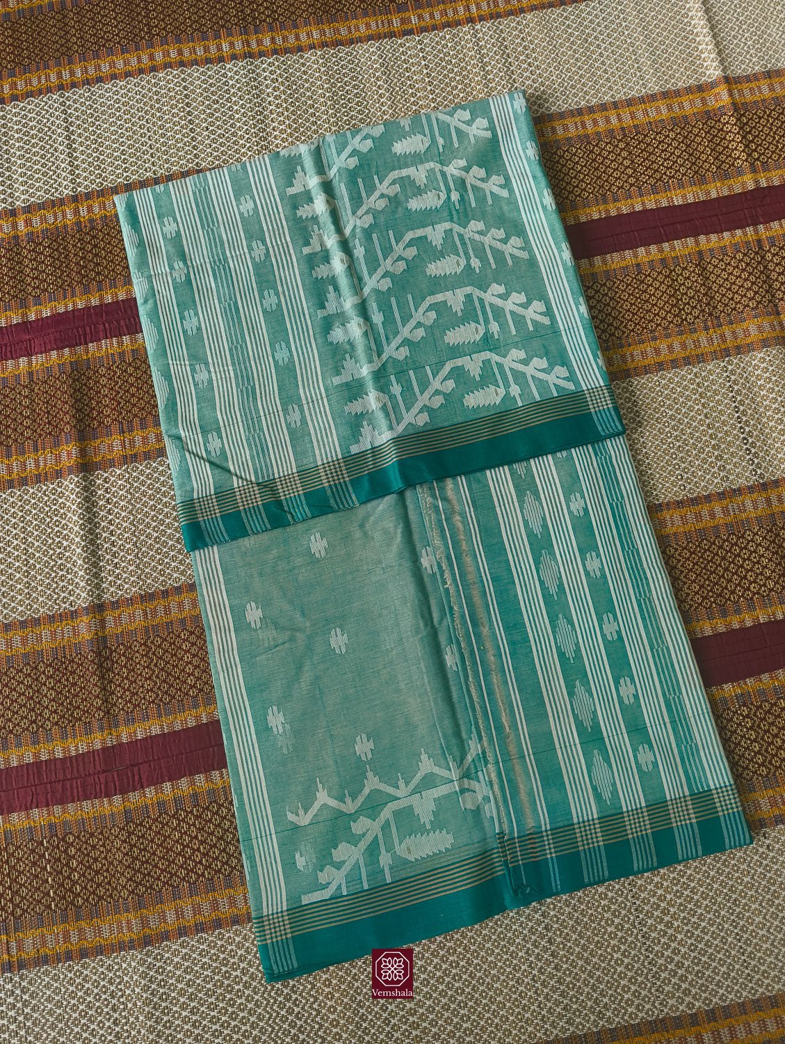 Sea Green Cotton Jamdaani Saree - Vemshala