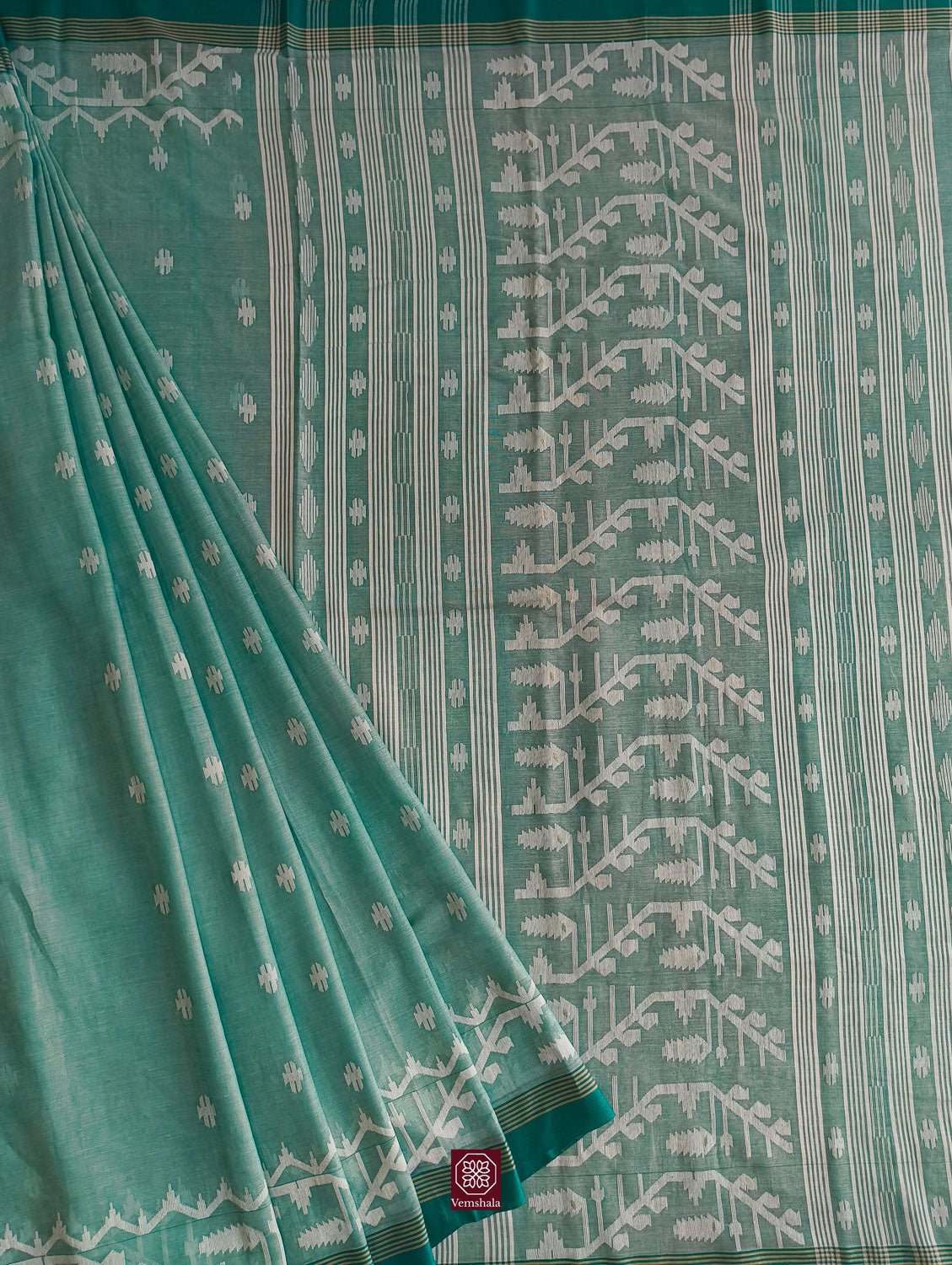 Sea Green Cotton Jamdaani Saree - Vemshala