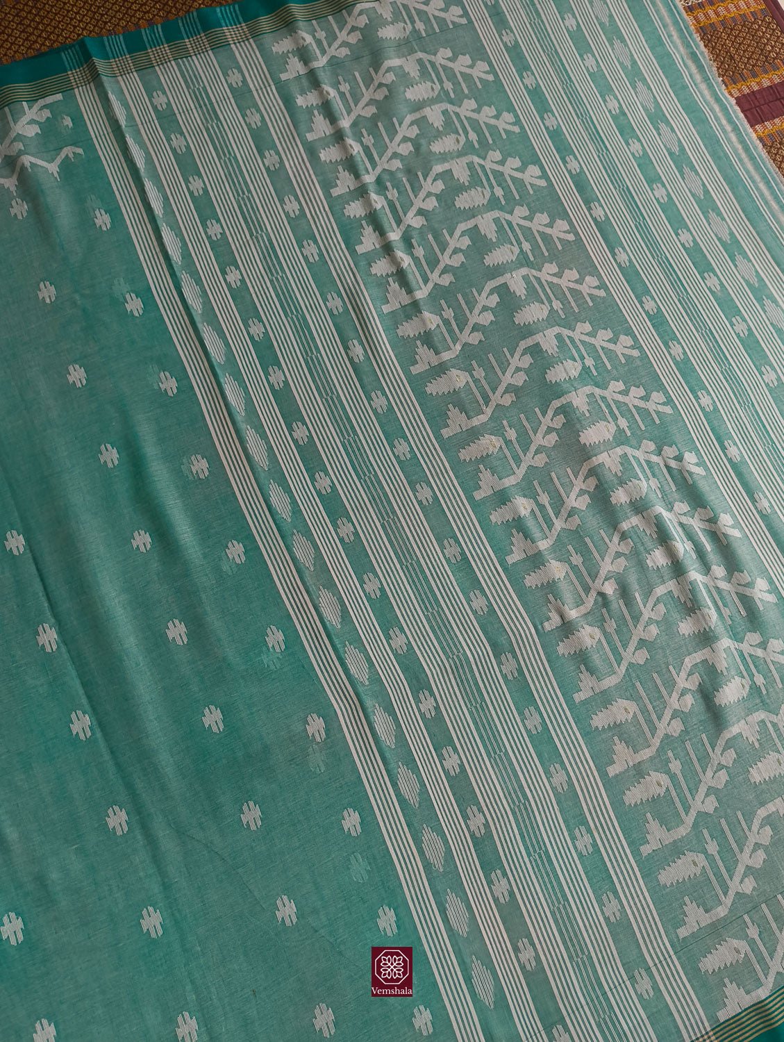 Sea Green Cotton Jamdaani Saree - Vemshala