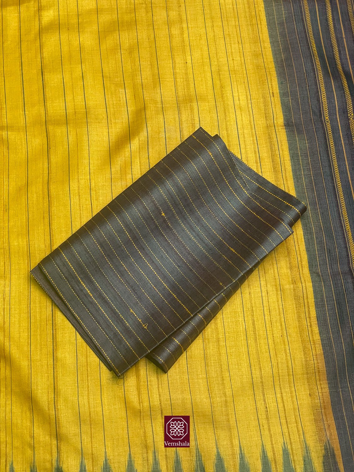 Sunflower Yellow / Teal Gopalpur Tussar Silk Saree - Vemshala