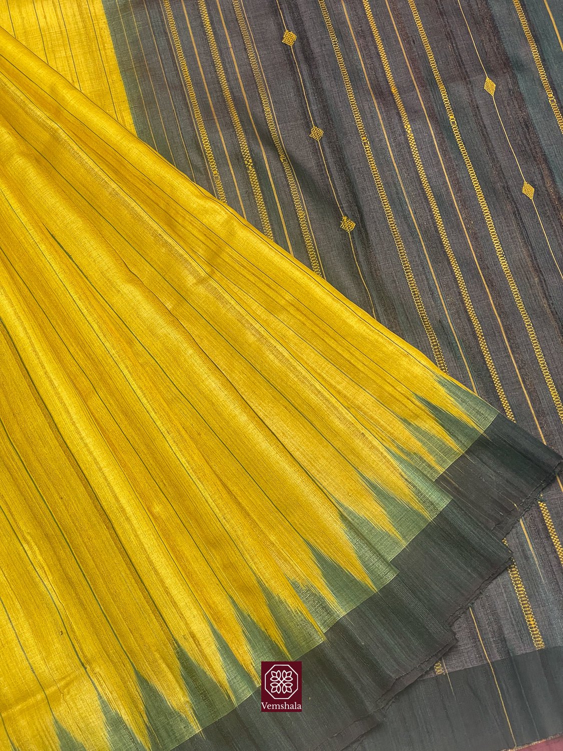 Sunflower Yellow / Teal Gopalpur Tussar Silk Saree - Vemshala