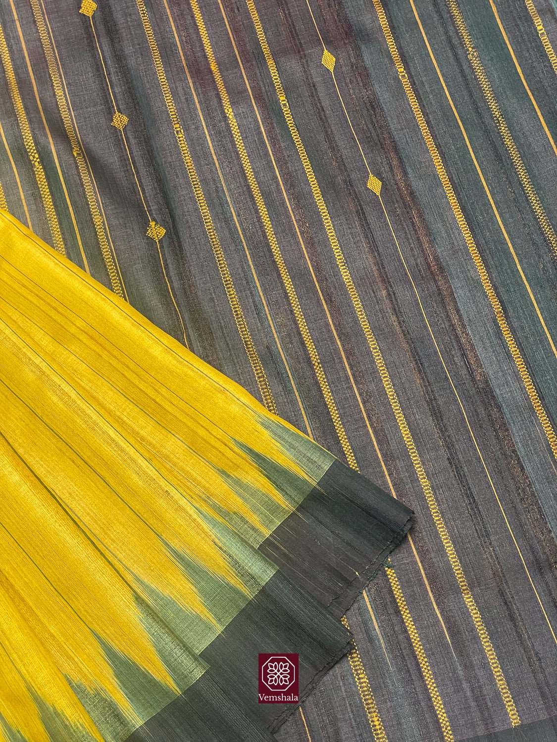 Sunflower Yellow / Teal Gopalpur Tussar Silk Saree - Vemshala