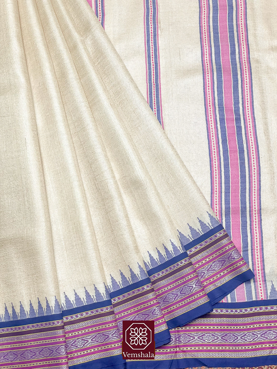 Natural / Blue / Pink Karvati Kinar Tussar Saree