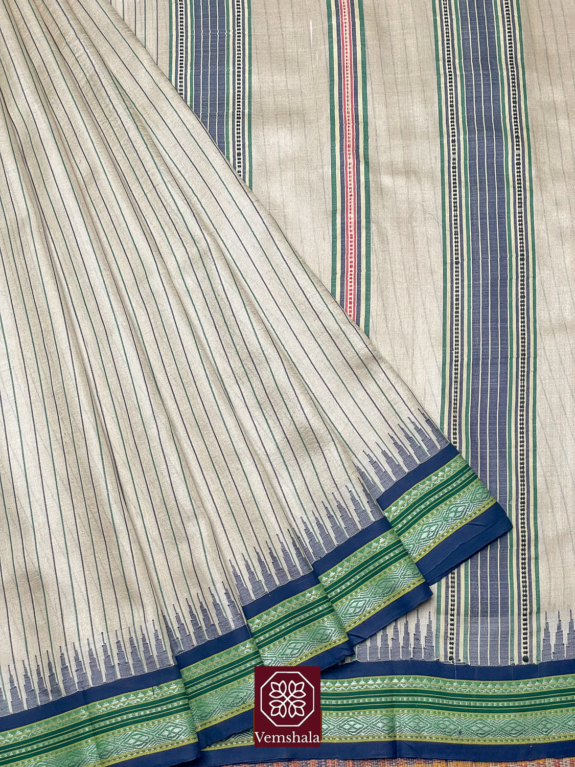 Natural / Blue / Green with Stripes Karvati Kinar Tussar Saree